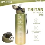 Sticla apa, 1L, Tritan, cu pai, 2 capace, curea transport, verde masliniu - imagine 2