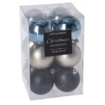 Set de 12 globuri Craciun, plastic, 6 cm, albastru, argintiu si albastru inchis