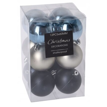 Set de 12 globuri Craciun, plastic, 6 cm, albastru, argintiu si albastru inchis