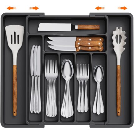 Organizator Tacamuri, 30-54x38x4.5 cm, Extensibil, 9 Compartimente, Reglabile, Plastic, Negru