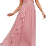 Rochie Lunga, Eleganta, Volane din Sifon, Croiala in A, Decolteu Patrat, marimea S, Roz