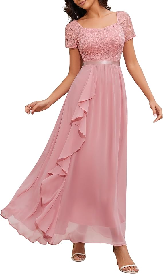 res_9c89f31f03f2930d2a67e01de0c308b4.jpg Rochie Lunga, Eleganta, Volane din Sifon, Croiala in A, Decolteu Patrat, marimea S, Roz - imagine 1