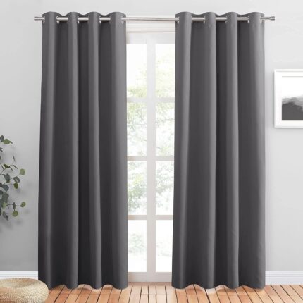 Set de 2 Draperii, cu Inele, Poliester, Opace, 132 x 140 cm, Gri