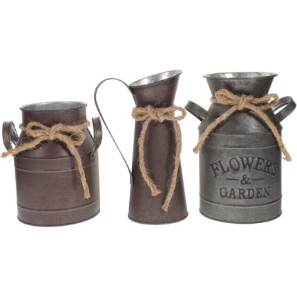 Set 3 vaze decorative vintage, 19x10 cm, stil rustic, metalice