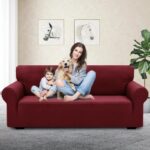 Husa canapea, 2 locuri, elastica, universala, lavabila, antialunecare, protectie anti-zgariere pentru animale, material Jacquard, rosie - imagine 6