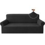 Husa canapea, 2 locuri, model patratele, material gros jacquard, lavabila, universala, negru
