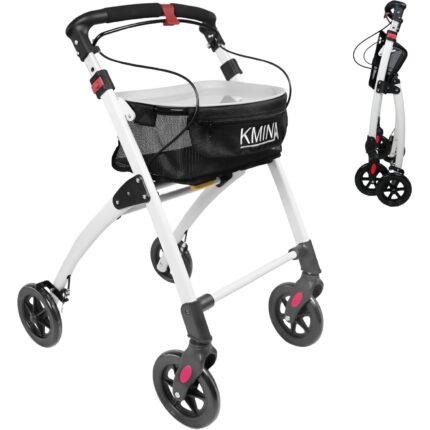 Rolator pliabil, 4 roti, frane, cos si tava detasabila, reglabil pe inaltime, aluminiu, negru