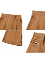 Pantaloni scurti dama, kaki, marimea S, talie inalta, wide leg - imagine 5