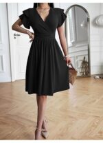 Rochie eleganta dama, midi, cu decolteu in V, maneca scurta, talie inalta, croi A-line, marimea L, negru - imagine 5
