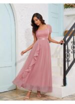 Rochie Lunga, Eleganta, Volane din Sifon, Croiala in A, Decolteu Patrat, marimea S, Roz - imagine 4