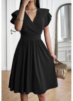 Rochie eleganta dama, midi, cu decolteu in V, maneca scurta, talie inalta, croi A-line, marimea L, negru - imagine 3