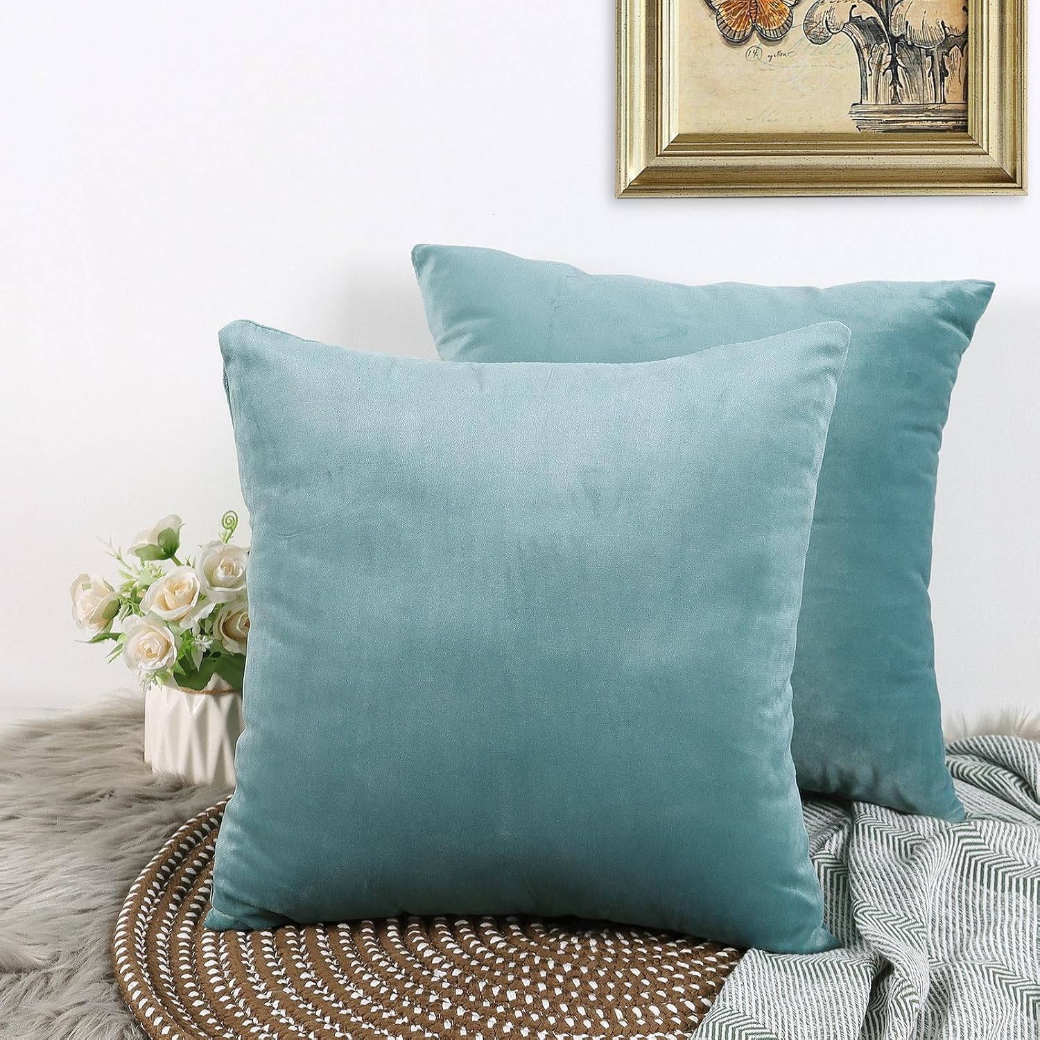 res_c1065a4c0110f3318c8d7c9d4a978788.jpg Set de 2 Huse decorative pentru perne, 50x50 cm, catifea, lavabile, turcoaz - imagine 1