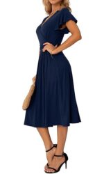 Rochie eleganta dama, midi, cu decolteu in V, maneca scurta, talie inalta, croi A-line, marimea S, albastru inchis - imagine 3