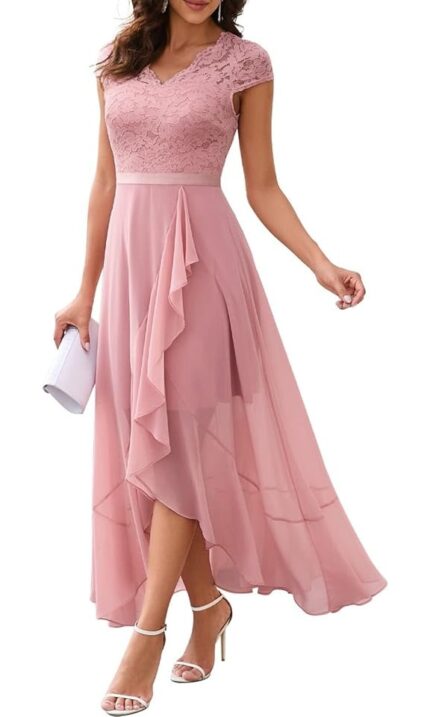 Rochie eleganta, marimea 2XL, Nylon, dantela, lunga, roz