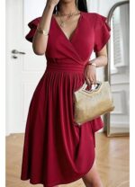 Rochie eleganta dama, midi, cu decolteu in V, maneca scurta, talie inalta, croi A-line, marimea S, rosu - imagine 6