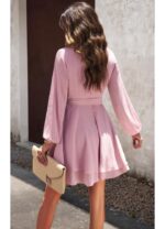 Rochie dama, poliester, roz, marimea S, cu cordon, decolteu in V - imagine 2