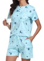 Pijama de dama, 2 piese, poliester si elastan, marimea L, pantaloni scurti si tricou, albastru - imagine 2