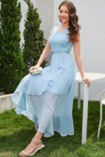 Rochie eleganta, marimea L, Nylon, dantela si chiffon, V-neck, albastru deschis - imagine 5