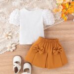 Compleu, 6-12 luni, bumbac, cu bluzita, fustita, casual, maneca scurta, alb maro - imagine 3