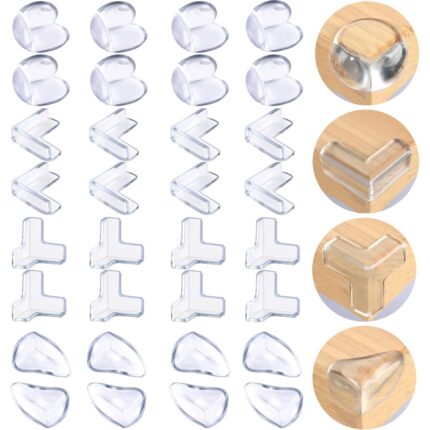 Set de 32 Protectii pentru Colturile Mesei, Compatibile cu Mese si Colturi de Mobilier, 4 Forme, Transparente