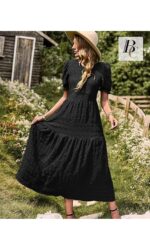 Rochie lunga, eleganta, maneci scurte, decolteu rotund, croiala in A, marimea M, negru - imagine 3