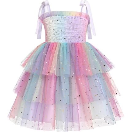 Rochie fetite, 12-18 luni, poliester, eleganta, bretele subtiri ajustabile, imprimeu curcubeu